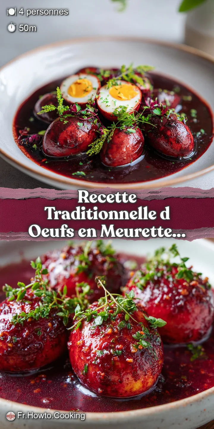 Close-up of a perfectly poached egg with a runny yolk, swimming in a glistening red wine sauce with visible herbs and baco...