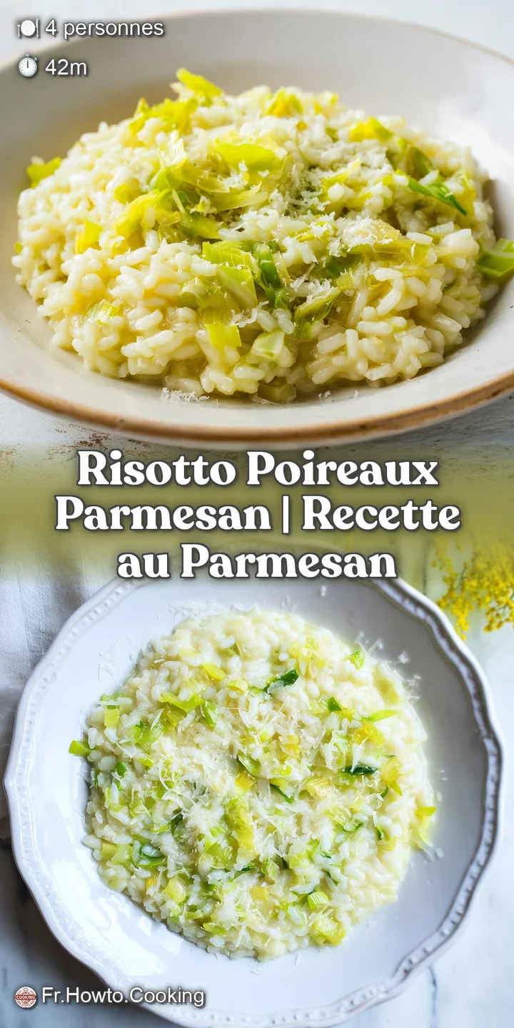 Gros plan sur la texture velout&eacute;e d'un riz cr&eacute;meux, m&ecirc;lant des morceaux de poireaux tendres et du parmesan fondu.