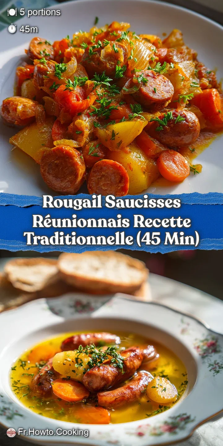 Close-up shot of juicy, browned sausage chunks swimming in a thick, flavorful rougail sauce with visible herbs.