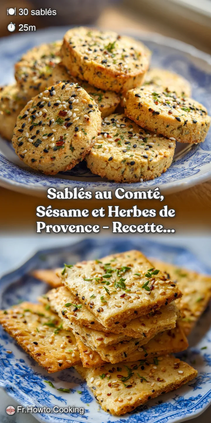 Close-up of a crisp, golden sabl&eacute; biscuit with sesame seeds, showing a crumbly texture and flecks of green herbs.