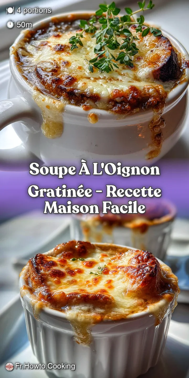 Close-up of Soupe &agrave; l'Oignon Gratin&eacute;e showing melted cheese threads and glistening, caramelized onions in a deep brown broth.