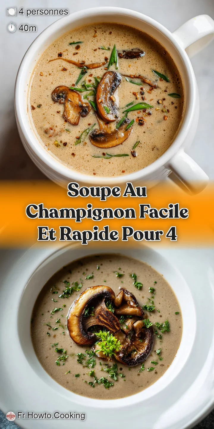 Close-up of steaming, silky mushroom soup showing rich texture, earthy tones, and vibrant green herb garnish. Looks incred...