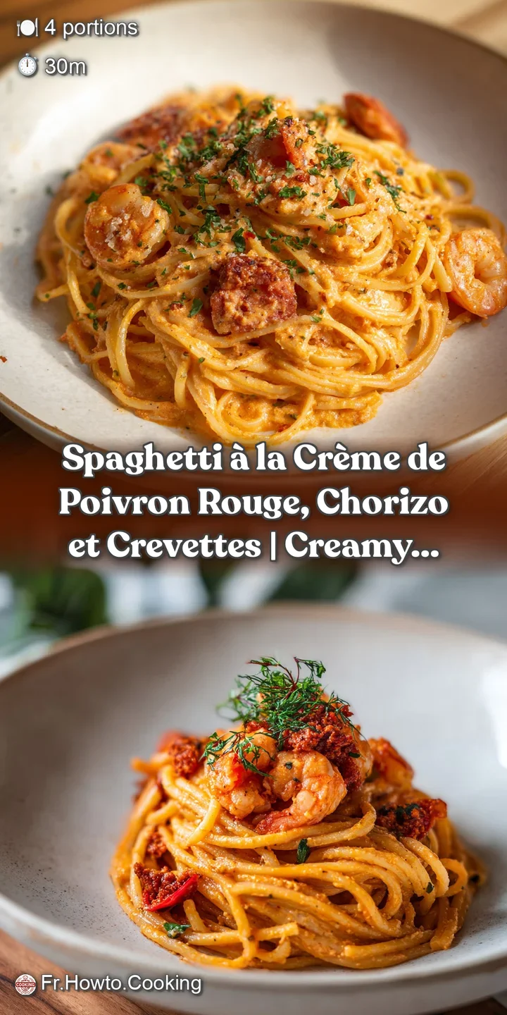 Close-up of plump, juicy shrimp nestled in rich, slightly glistening red pepper sauce with pasta strands.