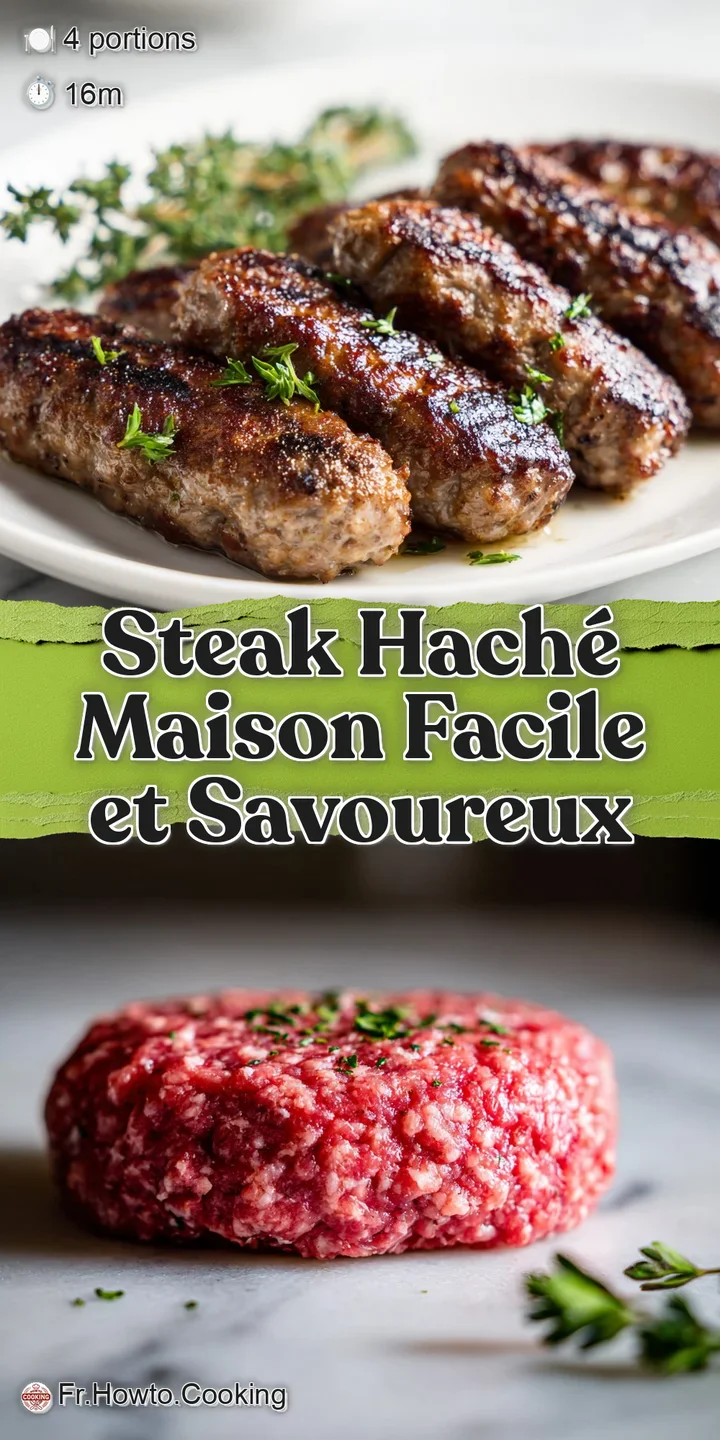 Close-up of a glistening steak hach&eacute; showing browned crust, juicy interior, with a creamy sauce drizzled and golden fries ...