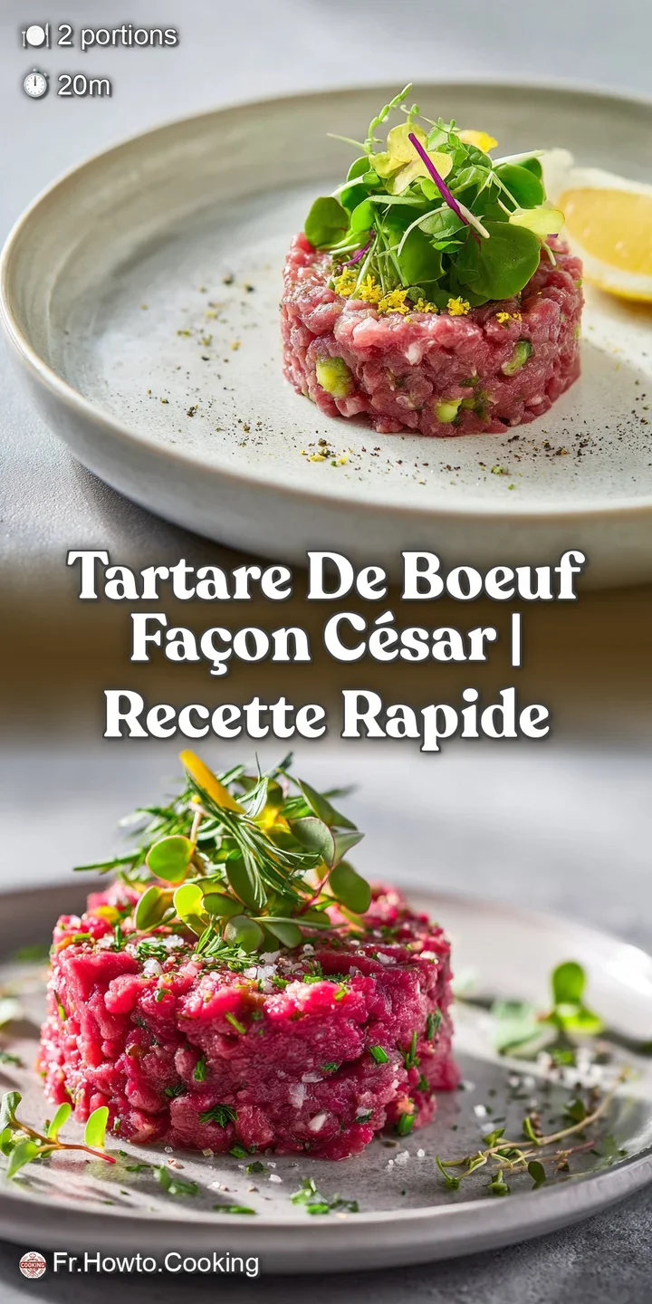 Close-up of bright pink beef tartare glistening with oil, studded with green herbs and capers.