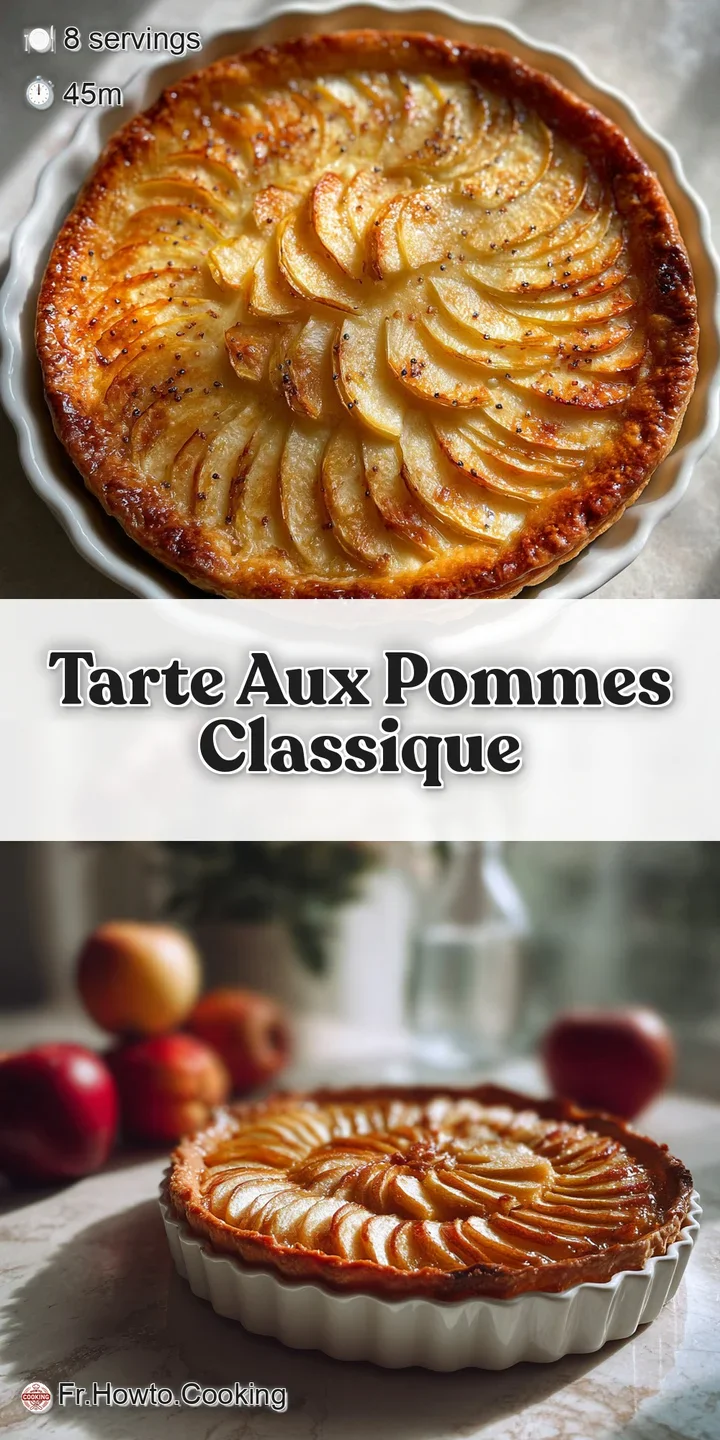 Close-up of caramelized apple slices arranged in concentric circles, set in a flaky, golden, shortcrust pastry shell.