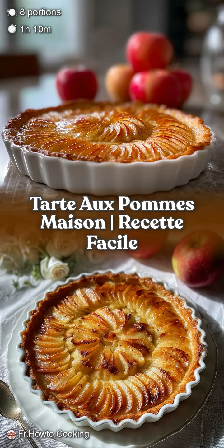 Close-up of a glistening apple tart. Baked apples with golden edges peek through a delicate, browned, buttery crust.