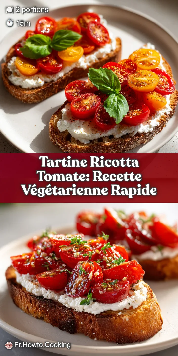 Close-up showcases the creamy texture of ricotta and the juicy, glistening tomato slices atop crusty toasted bread, garnis...