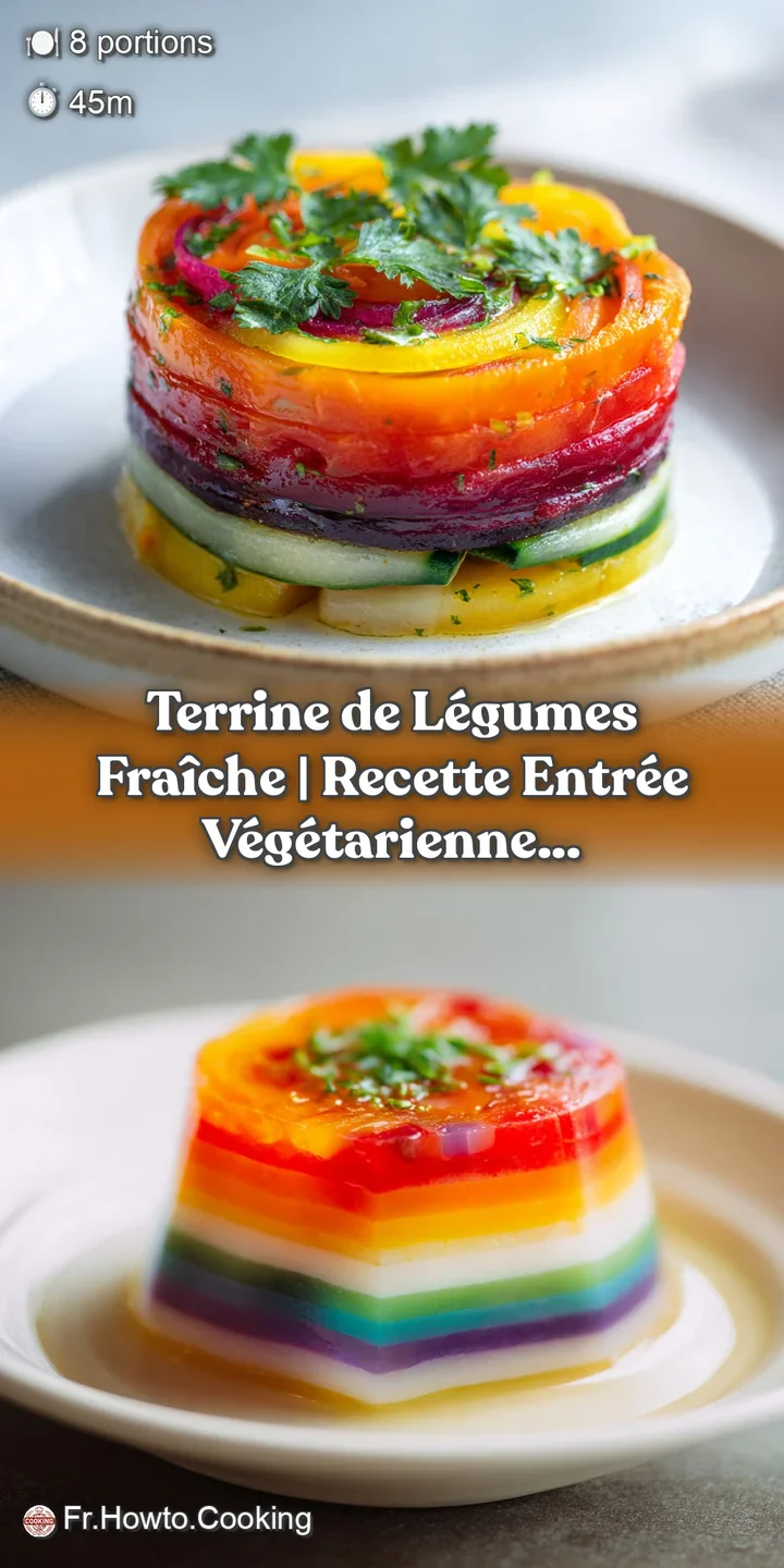 Close-up of a colorful vegetable terrine slice, showcasing layers of bright red, green, and orange.