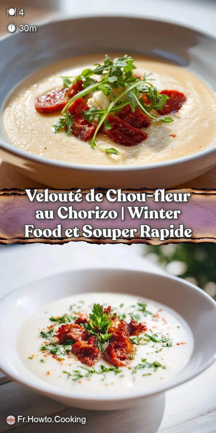 Close-up of a rich, velvety cauliflower soup with a glistening swirl of spicy chorizo oil.