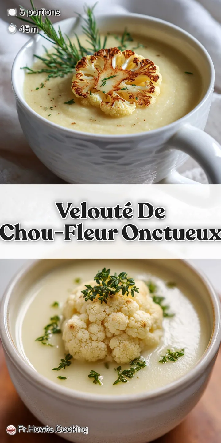 Close-up of velvety cauliflower soup, showing a creamy texture and delicate steam rising. Fresh green herbs add color and ...