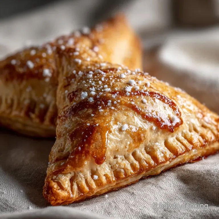 Elegant puff pastry with glistening apple filling. Delicate confectioner's sugar dusting on a pristine white plate, inviti...