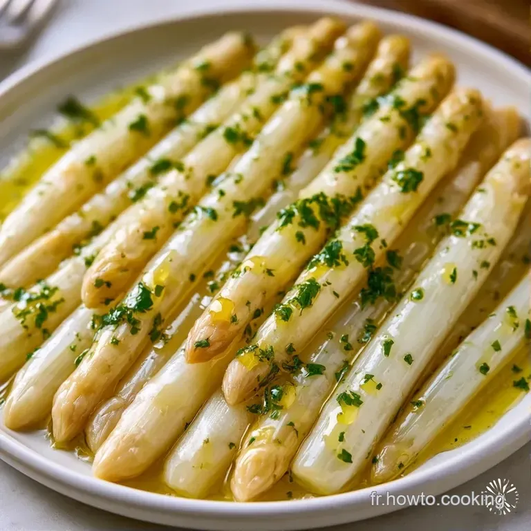 Tiges p&acirc;les align&eacute;es avec soin, napp&eacute;es d'une marinade translucide et d&eacute;cor&eacute;es de zestes jaunes et de fines herbes.