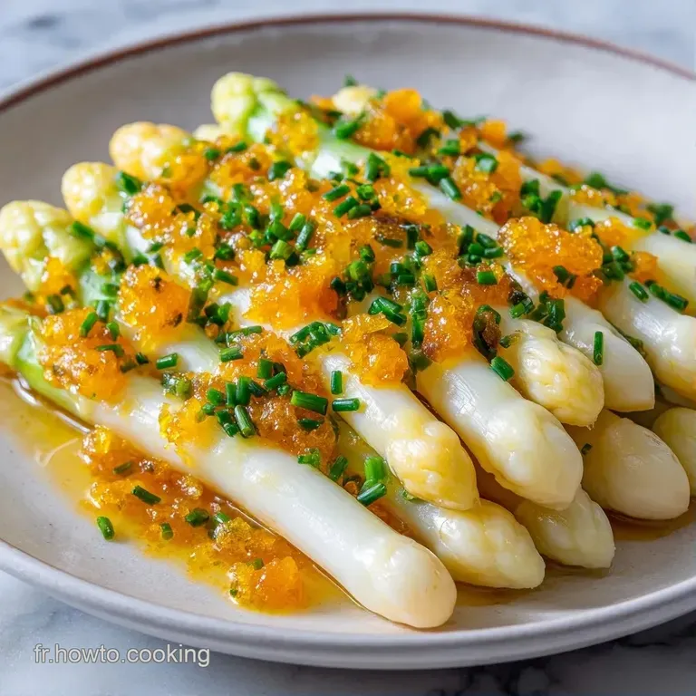 Asperges d'un blanc nacr&eacute; align&eacute;es avec &eacute;l&eacute;gance, surmont&eacute;es d'une mousse jaune poudreuse et d'un &eacute;clat citronn&eacute;.