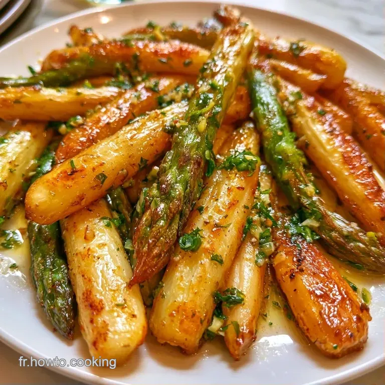 Quelques asperges nacr&eacute;es align&eacute;es sur une assiette blanche, napp&eacute;es d'un beurre noisette fluide et scintillant.