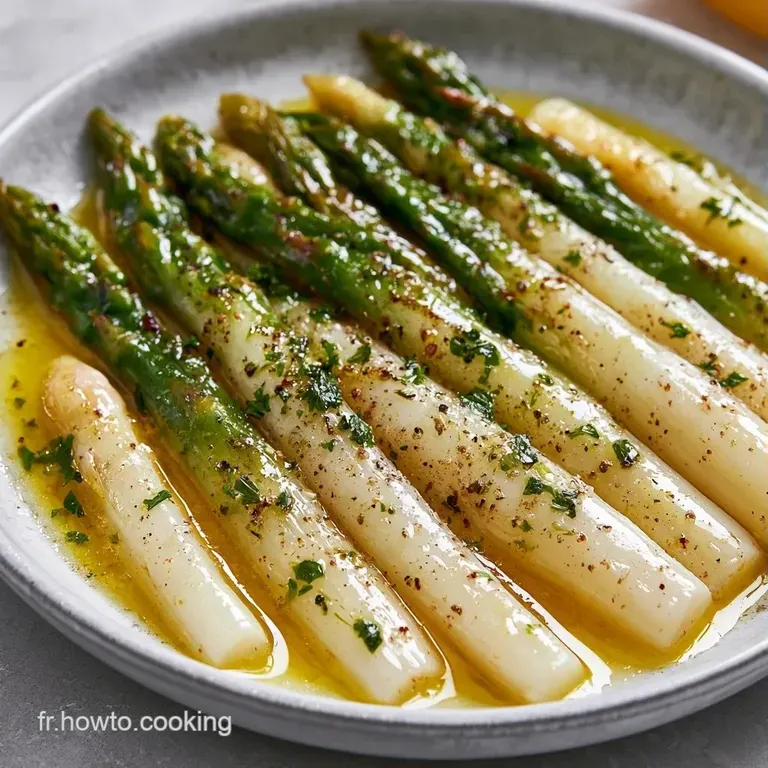 Asperges blanches align&eacute;es avec pr&eacute;cision, surmont&eacute;es d'un beurre fondu brillant et de quelques herbes vertes fra&icirc;ches.