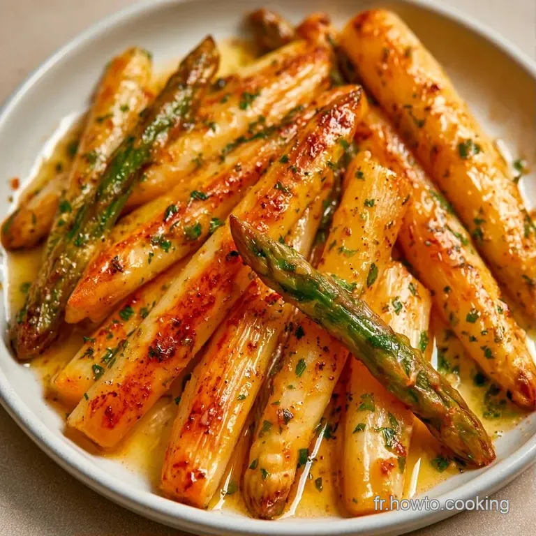 Asperges nacr&eacute;es align&eacute;es avec pr&eacute;cision, napp&eacute;es d'un beurre noisette brillant et d'un tour de poivre noir concass&eacute;.