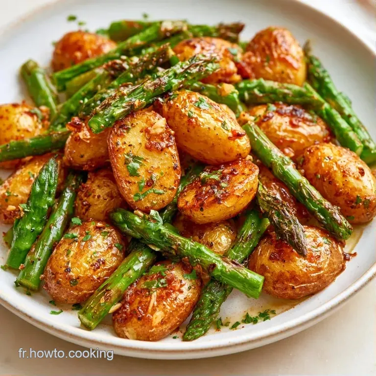 Tiges d'un vert vif align&eacute;es avec des quartiers de pommes de terre fondantes et des herbes fra&icirc;ches sur fond blanc.