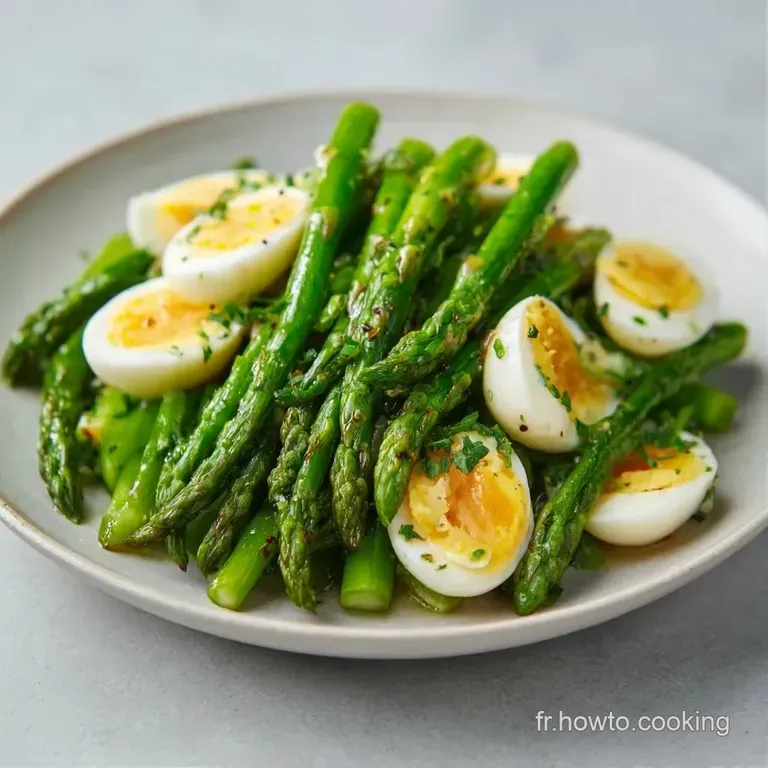 Asperges vertes align&eacute;es avec pr&eacute;cision, accompagn&eacute;es d'&oelig;ufs coup&eacute;s, sublim&eacute;es par un filet d'huile brillante et du poivre.