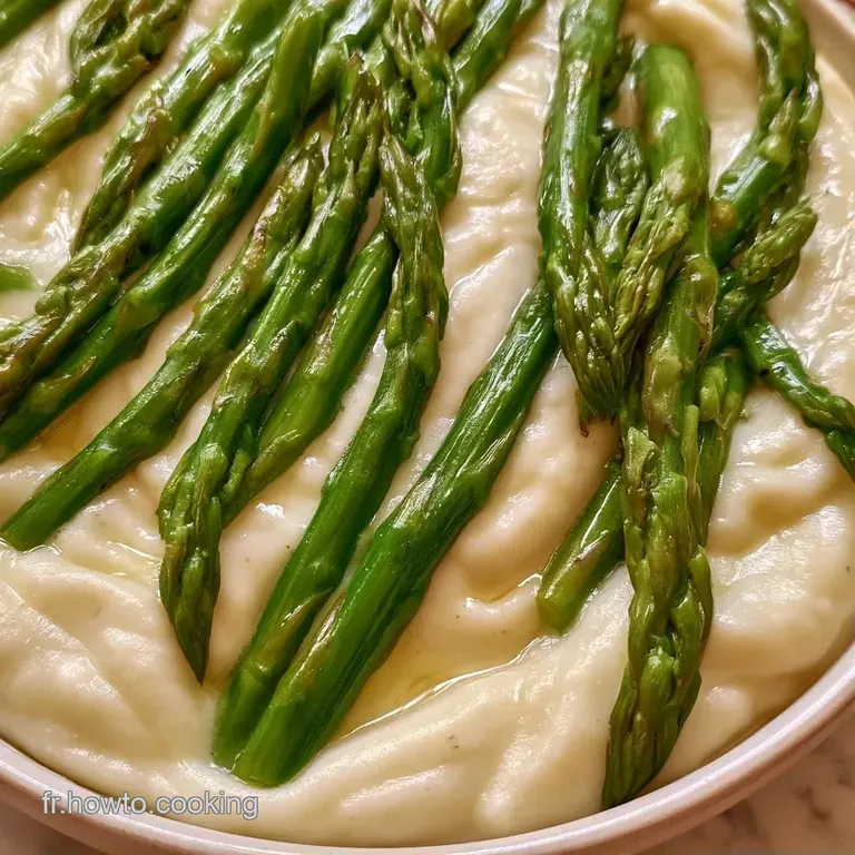 Asperges d'un vert vif align&eacute;es avec des d&eacute;s de pommes de terre fondants, napp&eacute;s d'une sauce onctueuse et brillante.