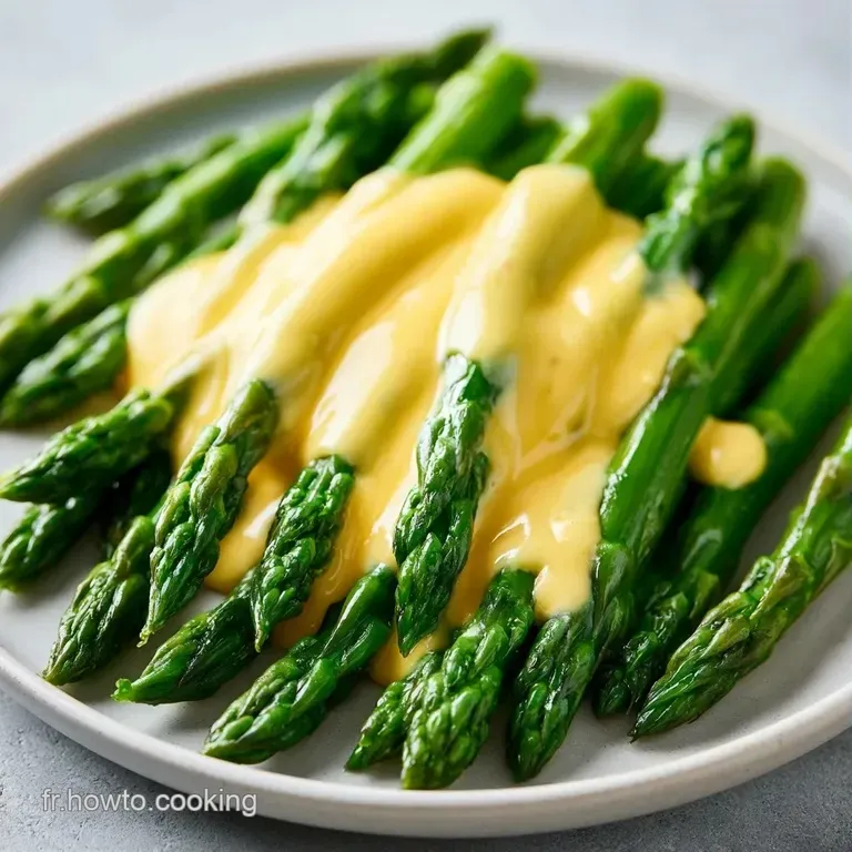 Lignes parall&egrave;les de l&eacute;gumes verts printaniers surmont&eacute;s d'une sauce onctueuse dor&eacute;e dans une assiette en porcelaine.