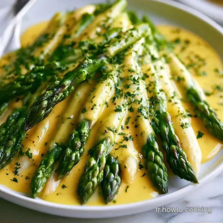 Alignement pr&eacute;cis de tiges d'asperges d'un vert vif, surmont&eacute;es d'un nappage cr&eacute;meux et brillant, d&eacute;cor&eacute; de ciboulette.