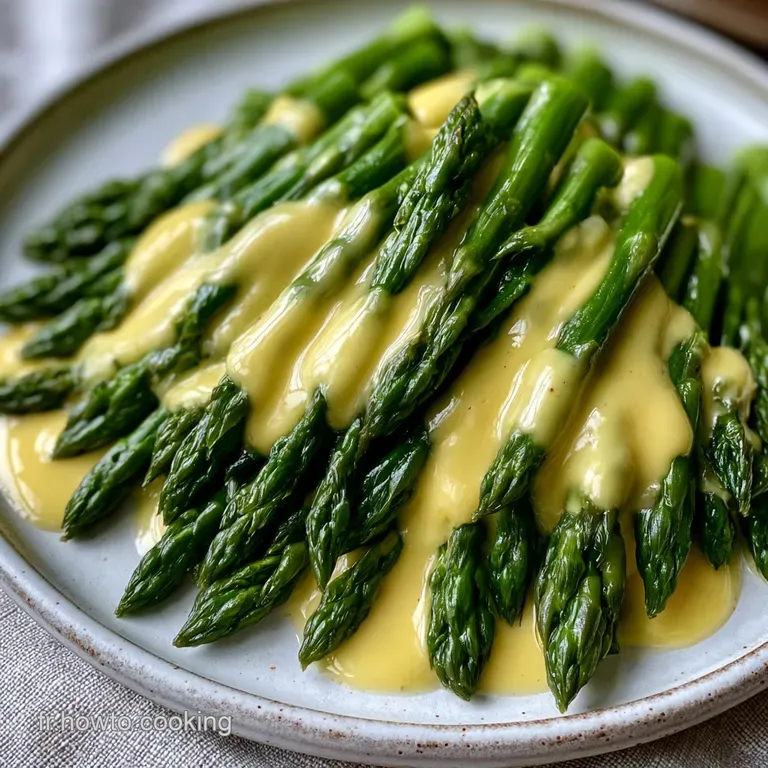Asperges d'un vert &eacute;clatant align&eacute;es avec soin, surmont&eacute;es d'un ruban de sauce cr&eacute;meuse et brillante tr&egrave;s velout&eacute;e.