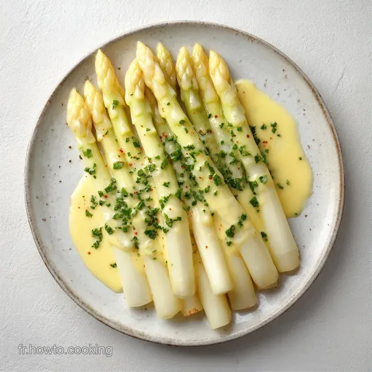Align&eacute;es avec soin, des asperges d'un vert &eacute;clatant reposent sur un lit de cr&egrave;me onctueuse et velout&eacute;e, tr&egrave;s raffin&eacute;.