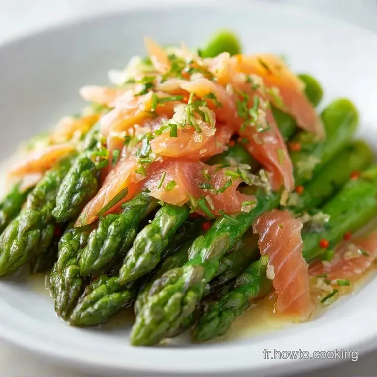 Disposition &eacute;l&eacute;gante d'asperges vert vif et rubans de truite rose, relev&eacute;s d'un filet de sauce blanche et d'aneth.