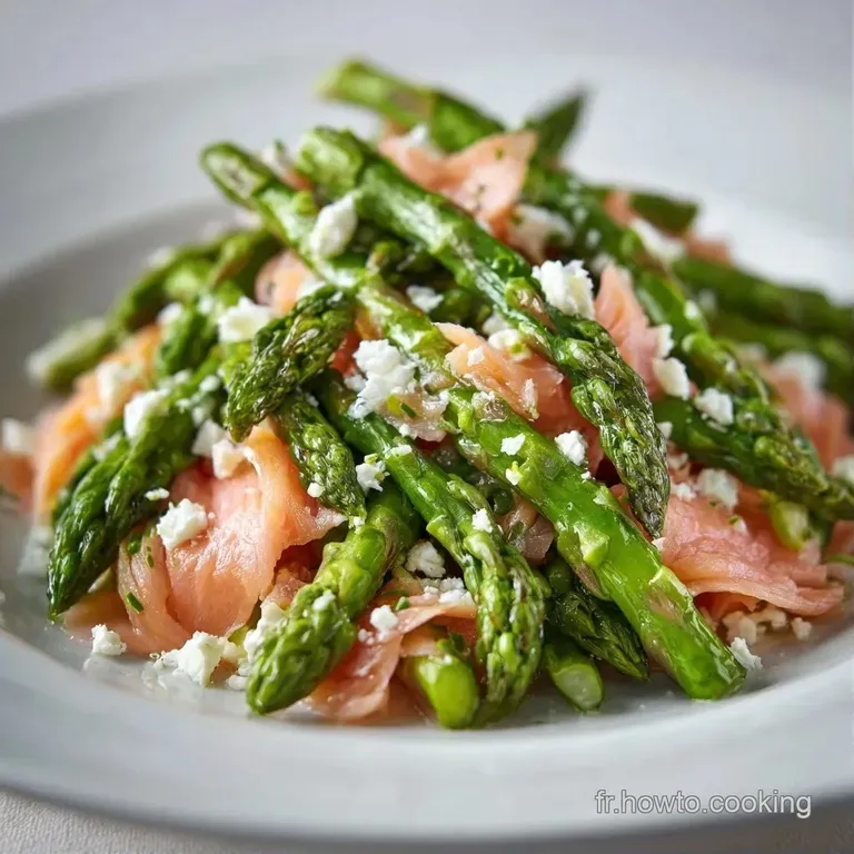 Asperges vertes align&eacute;es avec pr&eacute;cision, agr&eacute;ment&eacute;es de truite fum&eacute;e orang&eacute;e et de touches de citron frais et brillant.