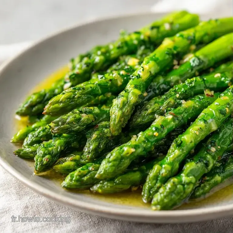 Asperges croquantes d'un vert tendre dispos&eacute;es en &eacute;ventail, parsem&eacute;es d'&eacute;clats d'amandes grill&eacute;es et de zestes de citron.