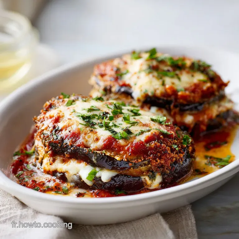 Slice of warm aubergine parmesan with layers of tender eggplant, cheese, and bright tomato sauce, sprinkled with fresh bas...