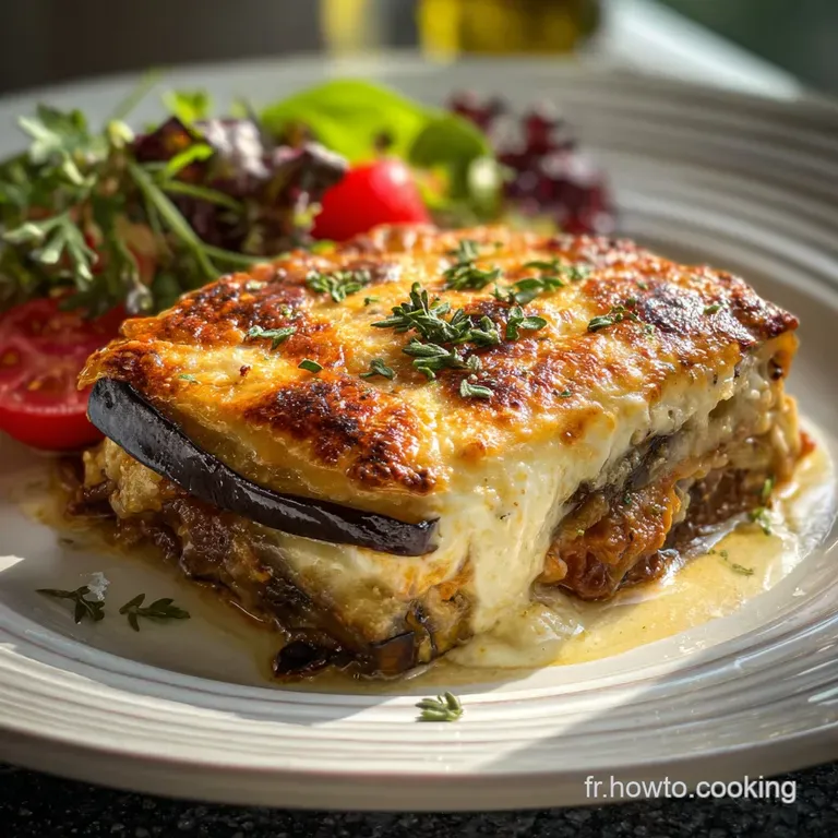 Elegant slice of moussaka on a white plate. Layers of eggplant, meat, and creamy b&eacute;chamel are neatly stacked and ready to ...
