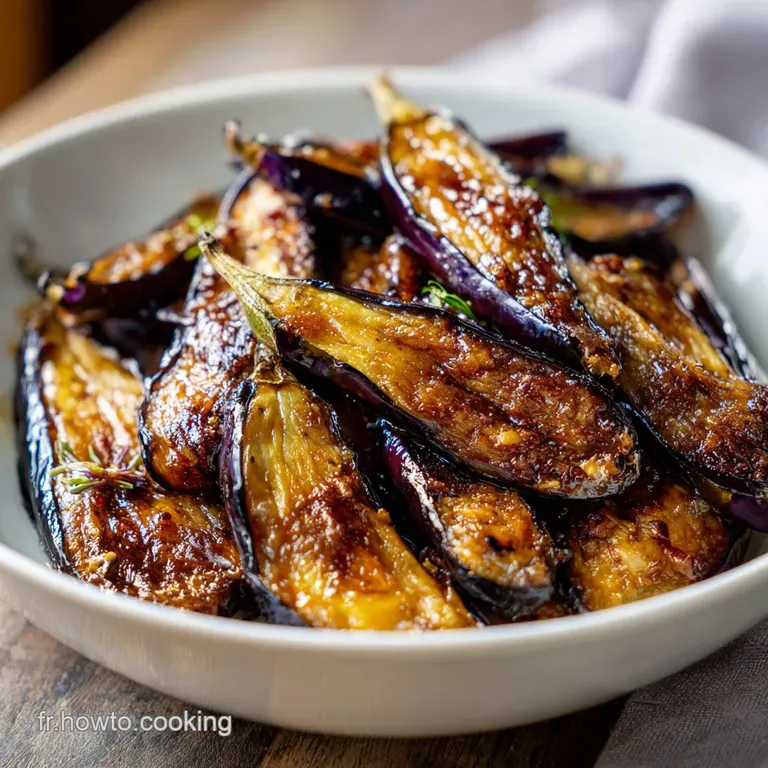 Grilled eggplant elegantly arranged on a white plate, drizzled with balsamic glaze, showing off char marks and a fresh her...