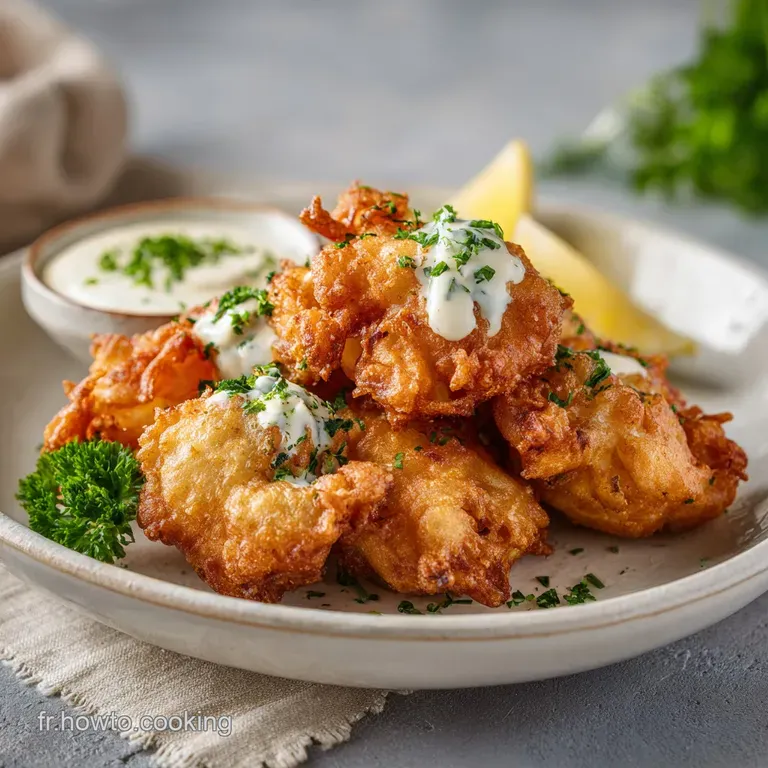 Crispy shrimp beignets arranged artfully on a white plate, lightly dusted.