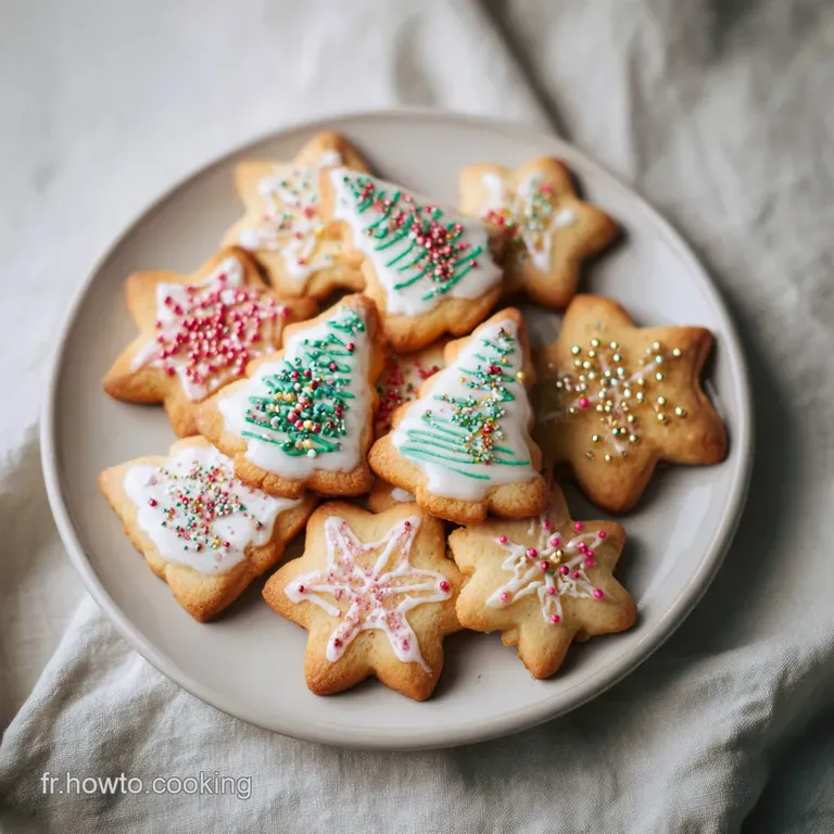 Elegant plate of Biscuit de No&euml;l, dusted with powdered sugar. Star-shaped biscuits gleam, showing soft, slightly chewy tex...