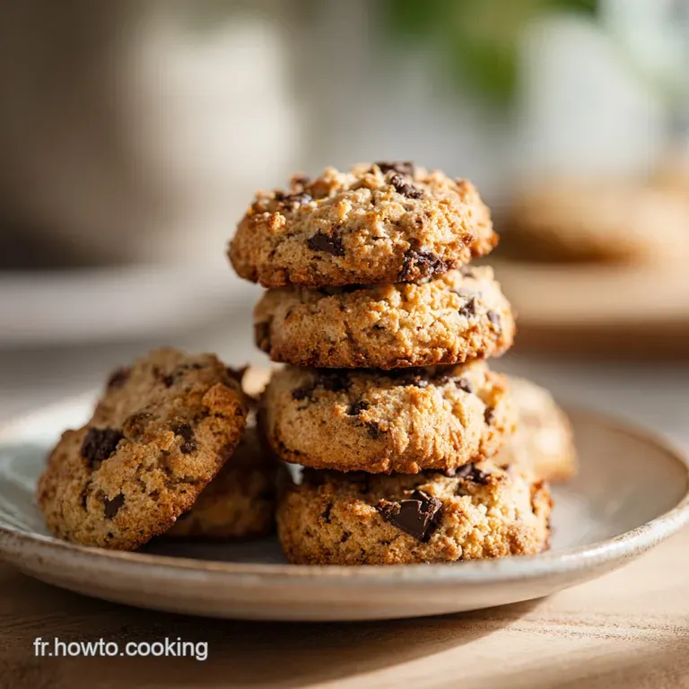 Two chocolate chip cookies stacked on a white plate with a glass of milk. Visible chocolate chunks and slight cookie crumbs.