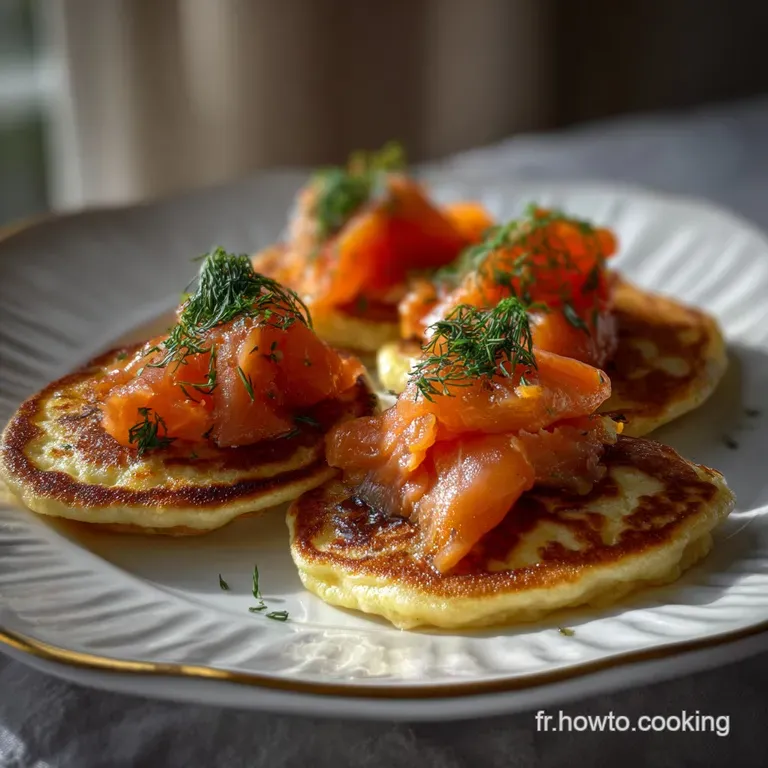Artfully arranged blinis with salmon and dill, offering a sophisticated presentation. The light texture of the blinis cont...