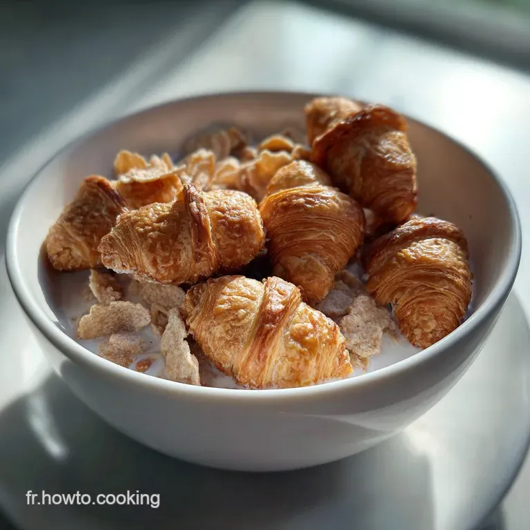 Elegant plating: Crispy golden croissants artfully arranged with vibrant red berries and a swirl of creamy plant-based milk.