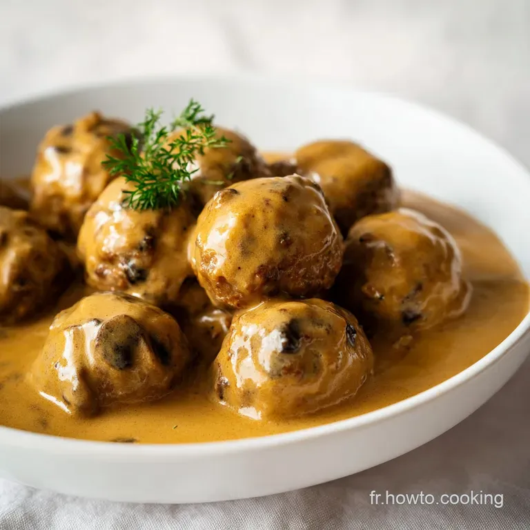 Bouch&eacute;es dor&eacute;es dispos&eacute;es avec soin dans un velout&eacute; cr&egrave;me nacr&eacute;, agr&eacute;ment&eacute;es d'herbes cisel&eacute;es sur une assiette blanche.
