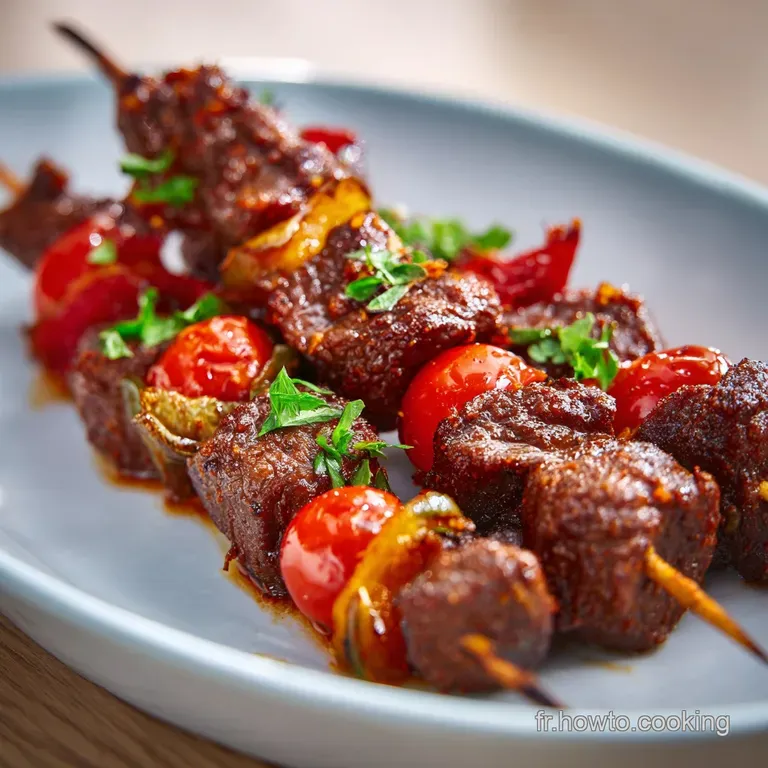 Tender beef cubes and colorful vegetables artfully arranged on a skewer, plated with herbs.