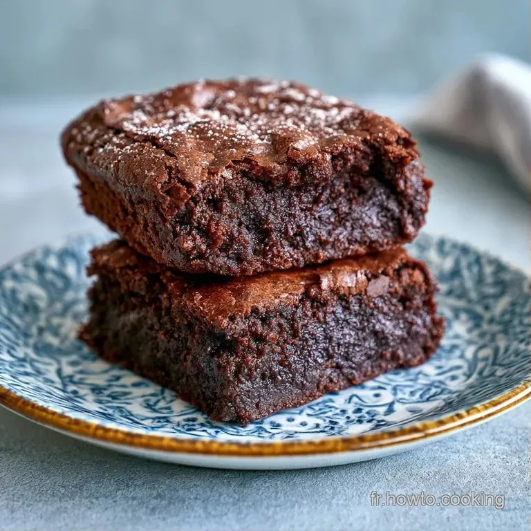 Part rectangulaire brun chocolat sur assiette blanche, saupoudr&eacute;e de sucre glace fin avec un filet de cr&egrave;me onctueuse.