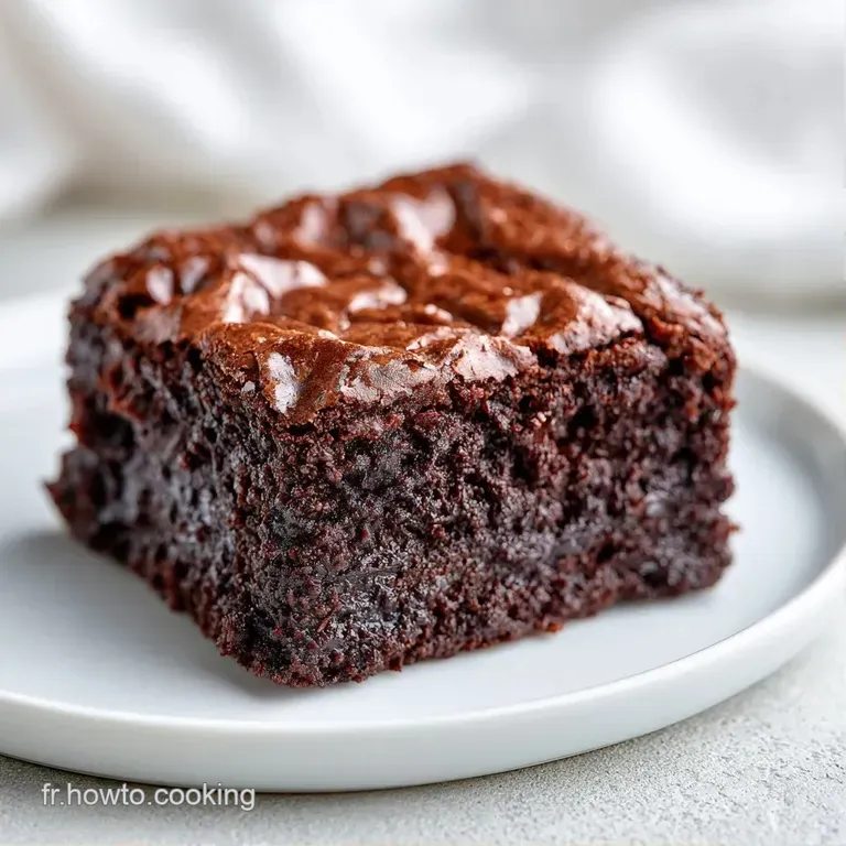 Un rectangle de g&acirc;teau fondant brun fonc&eacute; pos&eacute; sur une assiette blanche, accompagn&eacute; d'une cr&egrave;me onctueuse et blanche.