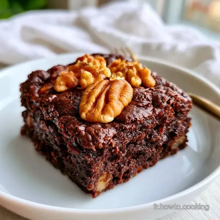Un carr&eacute; fondant au c&oelig;ur dense pos&eacute; sur une assiette blanche, r&eacute;v&eacute;lant des morceaux de noix croquantes et brunes.