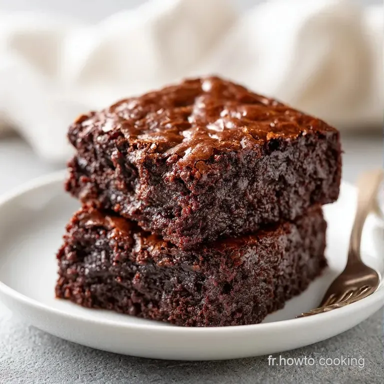 Un carr&eacute; fondant brun sombre pos&eacute; sur une assiette blanche, accompagn&eacute; d'une touche de cr&egrave;me onctueuse et blanche.