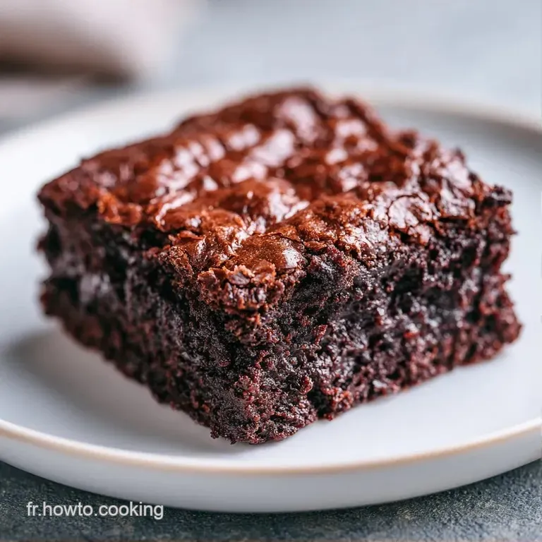 Carr&eacute; fondant au chocolat noir sur assiette blanche, contrastant avec une touche de cr&egrave;me onctueuse et fluide.