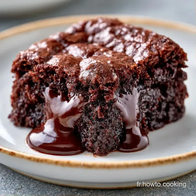 Tranche de g&acirc;teau au chocolat intense pos&eacute;e sur une assiette blanche, accompagn&eacute;e d'une cr&egrave;me onctueuse et d'une baie.