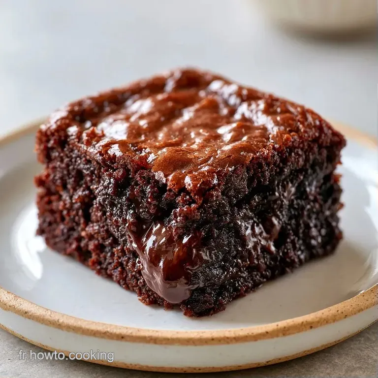 Carr&eacute; de g&acirc;teau au chocolat fondant pos&eacute; sur une assiette blanche, texture onctueuse et c&oelig;ur dense et humide.