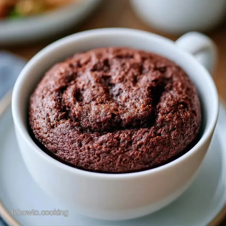 Mug en c&eacute;ramique sur table en bois, g&acirc;teau chocolat&eacute; fumant accompagn&eacute; d'une cuill&egrave;re et d'une serviette en lin beige.