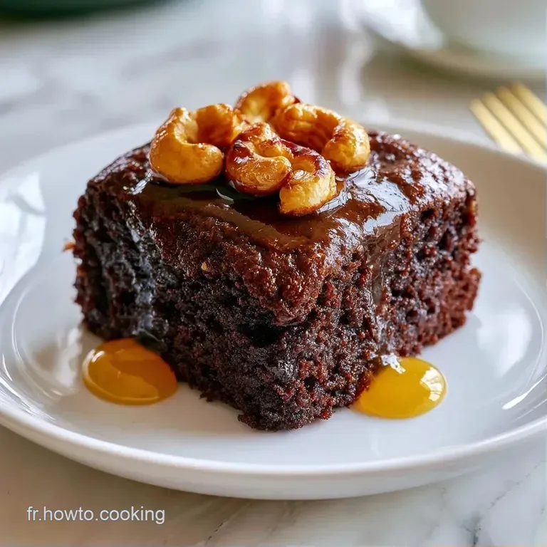 Une part carr&eacute;e de chocolat fondant sur une assiette blanche, avec des noix de cajou et un trait de sirop sucr&eacute;.